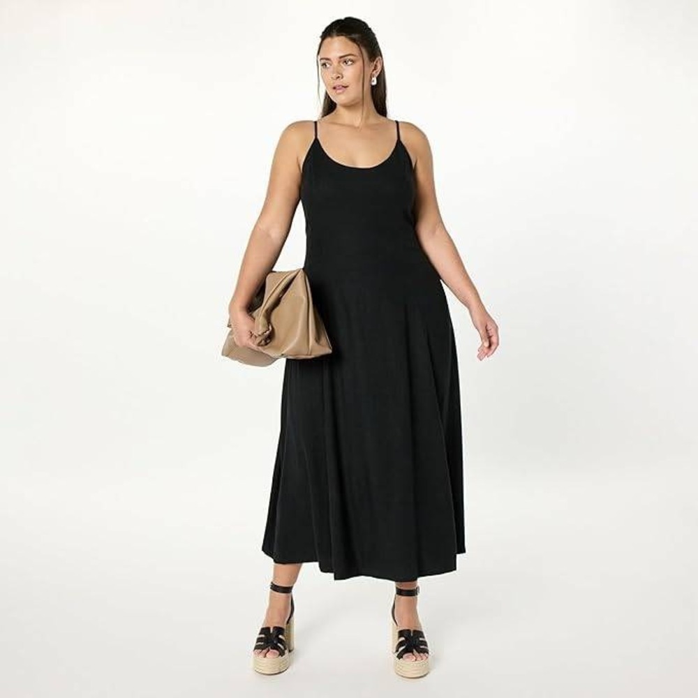 The‎ Drop Luna Linen | Scoop Neck |  Maxi Dress Black XXL  Smocked Back Pockets - Picture 3 of 9